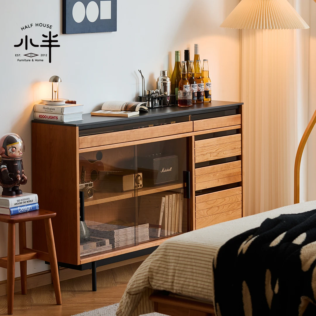 小半家具餐边柜实木小户型边柜樱桃木餐边窄柜客厅储物靠墙矮柜子