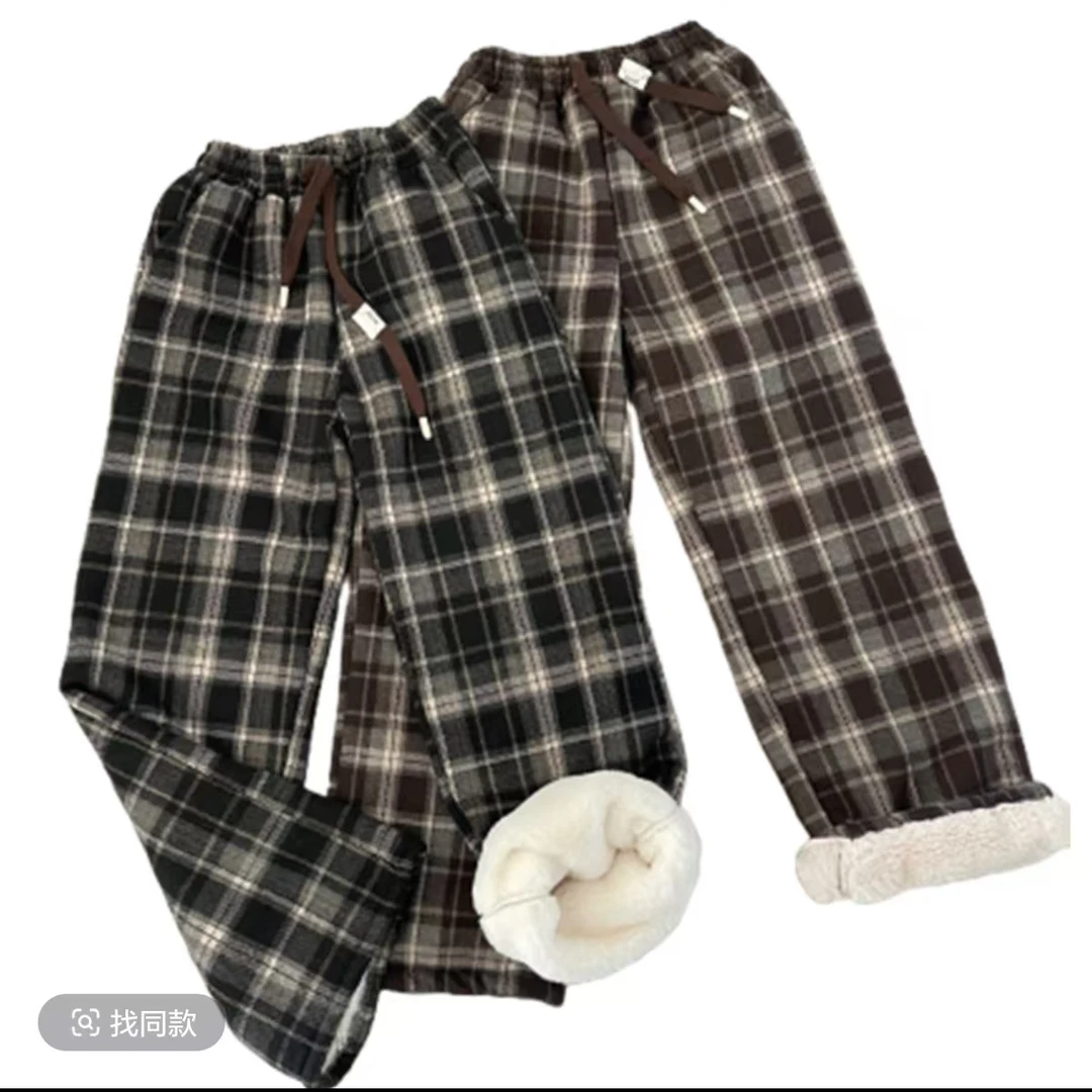 2024仿兔貂格子加绒长裤女装冬季新款高腰加厚休闲直筒保暖阔腿裤