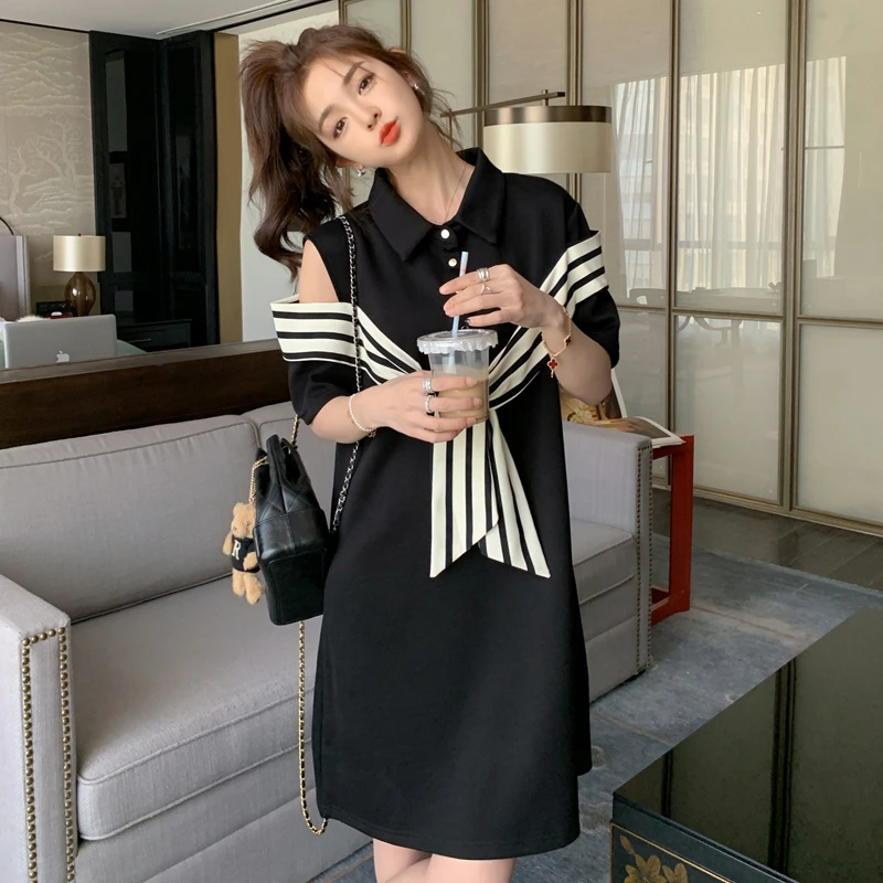 POLO领露肩连衣裙女夏季小个子设计感休闲显瘦法式甜辣T恤短裙877