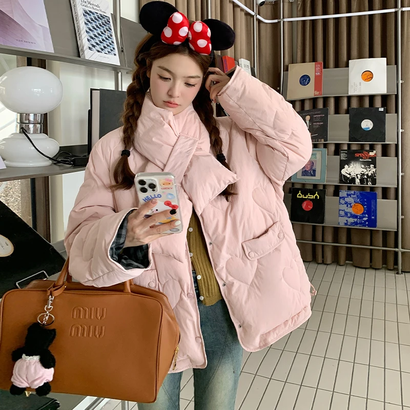 粉色两面穿围巾棉服女冬季新款甜美超好看短款保暖厚棉衣外套