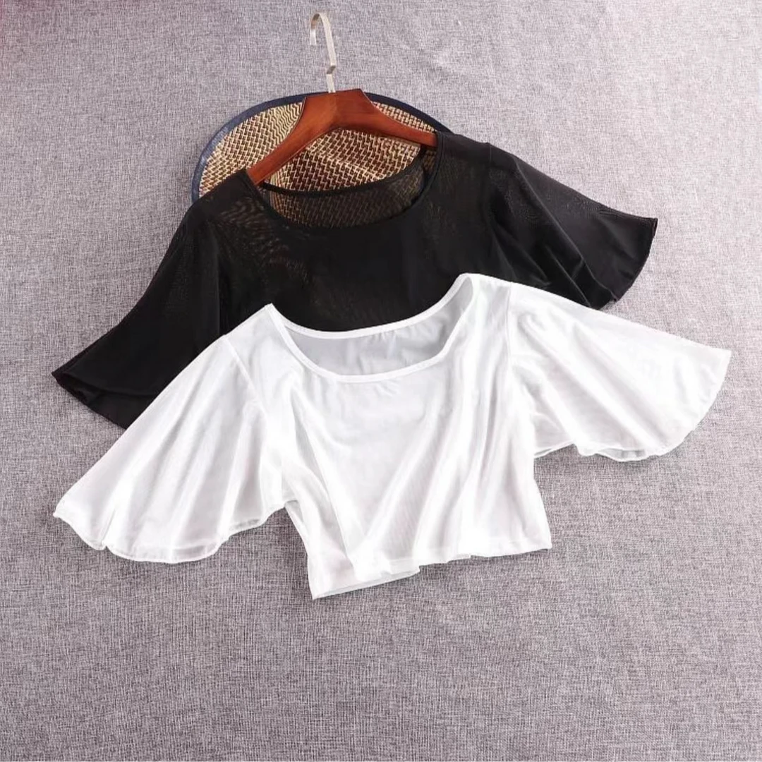 2024春夏仙女超薄透视网纱T恤圆领半截蝙飞飞短袖罩衫上衣新女装