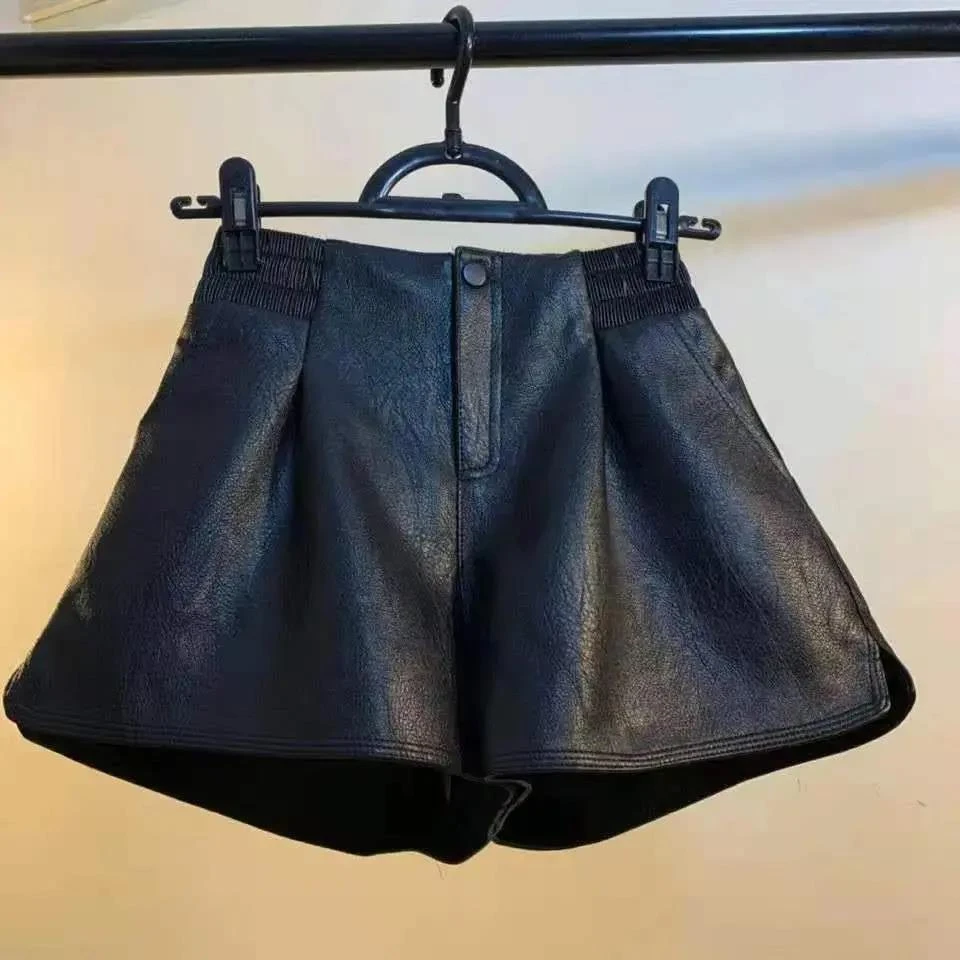 皮短裤女2023秋冬新款松紧高腰外穿宽松显瘦皮裤打底阔腿靴裤潮