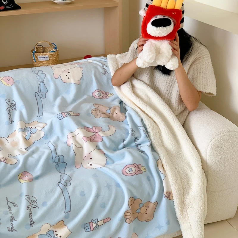 秋冬季ins风卡通加厚牛奶绒毛毯双面保暖珊瑚绒羊羔绒午休毯盖毯