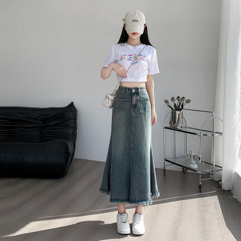复古中长款鱼尾裙牛仔裙女毛边高腰显瘦A字裙遮胯包臀长裙半身裙