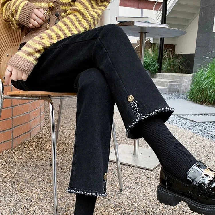 黑色加绒直筒牛仔裤女秋冬新款弹力高腰显瘦开叉九分加厚烟管长裤