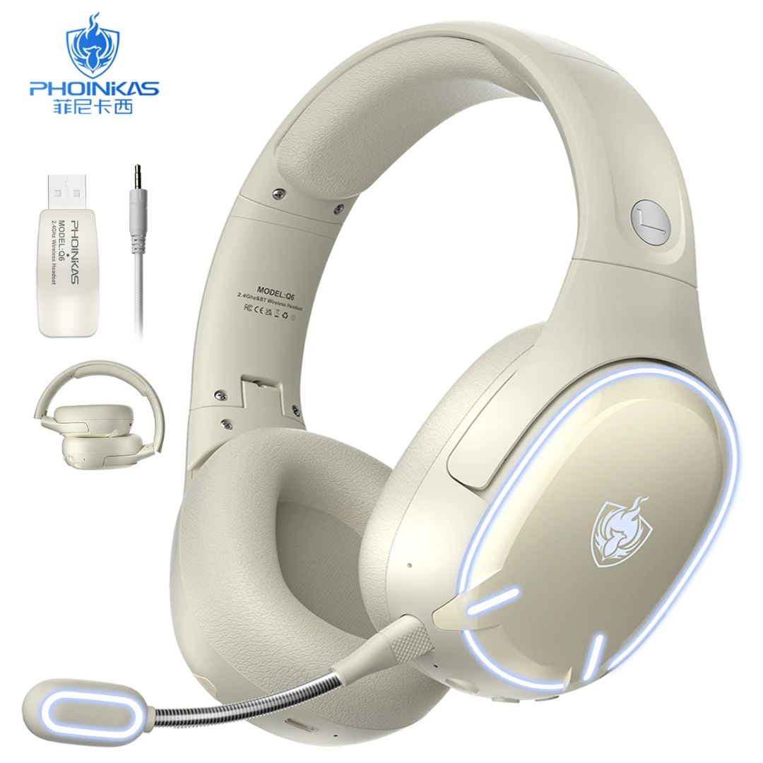 菲尼卡西Q6头戴式电竞耳机无线蓝牙环绕音效低延迟可折叠白色台式
