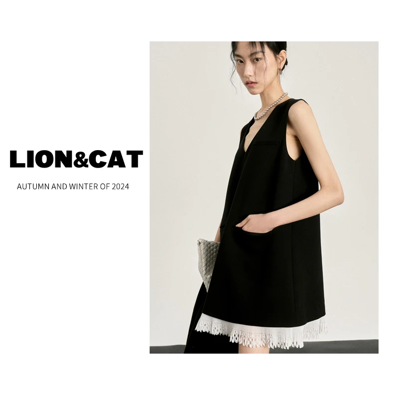 LION&CAT撞色花边下摆拼接无袖V领马甲上衣外套#403349