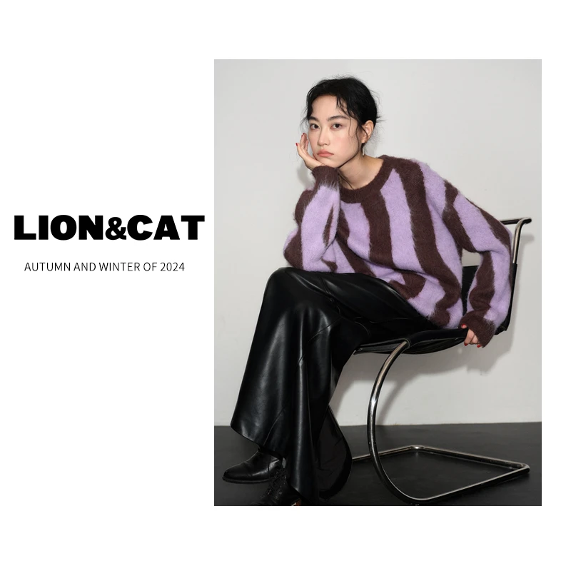 LION&CAT韩版复古时髦撞色宽条纹梦幻紫套头圆领毛衣#407514