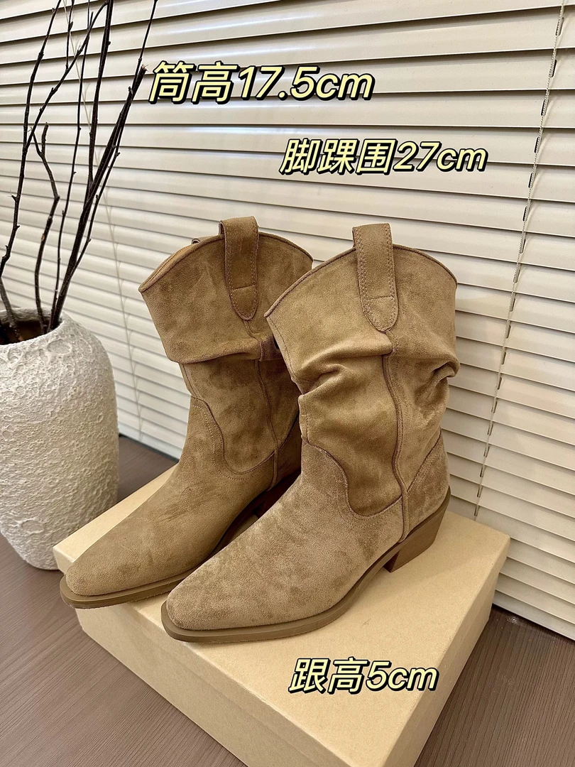 titing许妍穿搭！韩版露思褶皱堆堆靴女秋冬美拉德绒面粗跟短靴