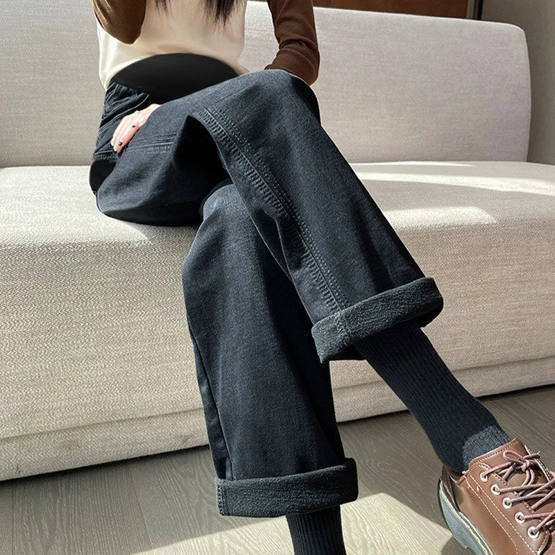 孕妇裤子春秋外穿小个子新款时尚大码牛仔裤加绒春装孕妇阔腿裤