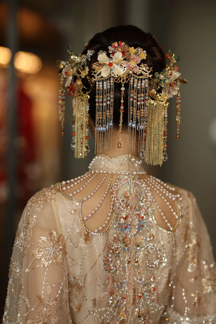 锌合金树脂婚庆饰品 X1166喜看原创精致红金古典中式头饰