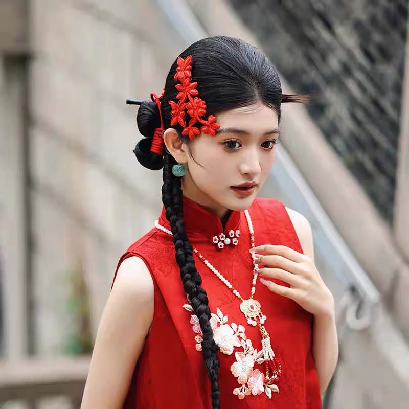 PK003 新中式秀禾头饰红色盘扣红绳发饰结婚民国旗袍
