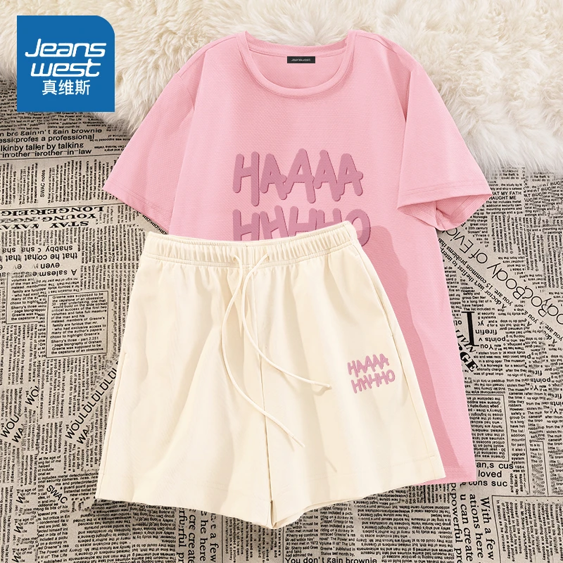 真维斯 休闲运动服套装女2024新款夏季女士冰丝宽松短袖短裤套装