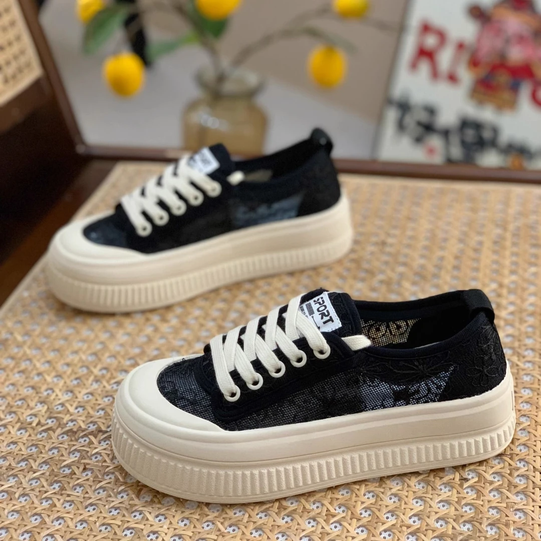 透气网面蕾丝渔夫鞋女夏季网纱女鞋板鞋新款小白鞋帆布鞋女款鞋子