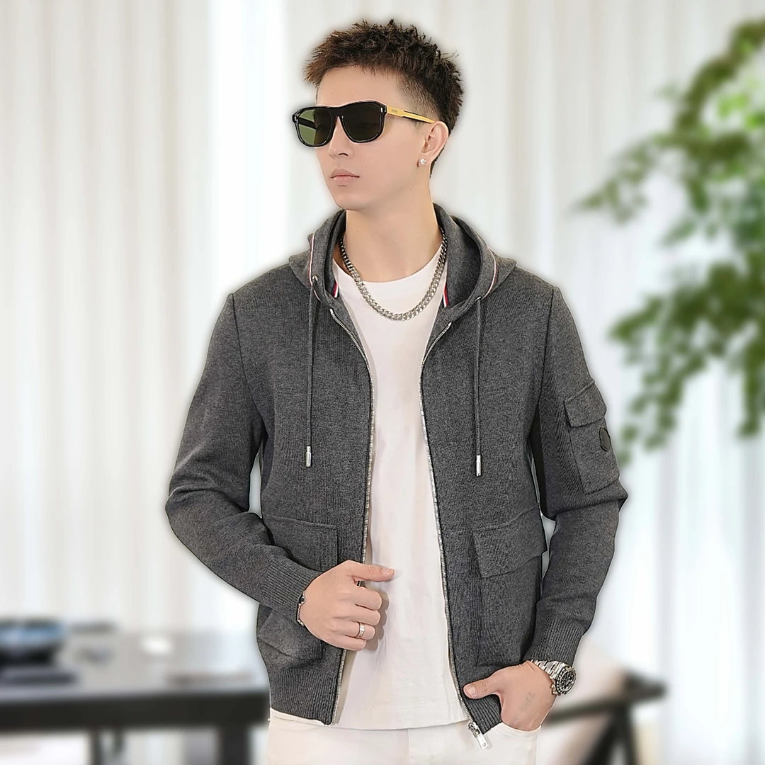 GHGHJ/秋季新款男士潮流休闲百搭连帽高端时尚简约针织夹克外套