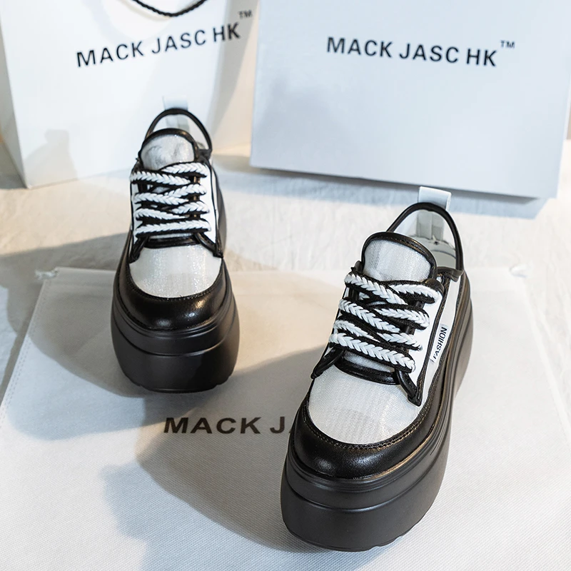 香港MACKJASCHK2024春夏新款网纱透气厚底高跟松糕底百搭小白鞋女