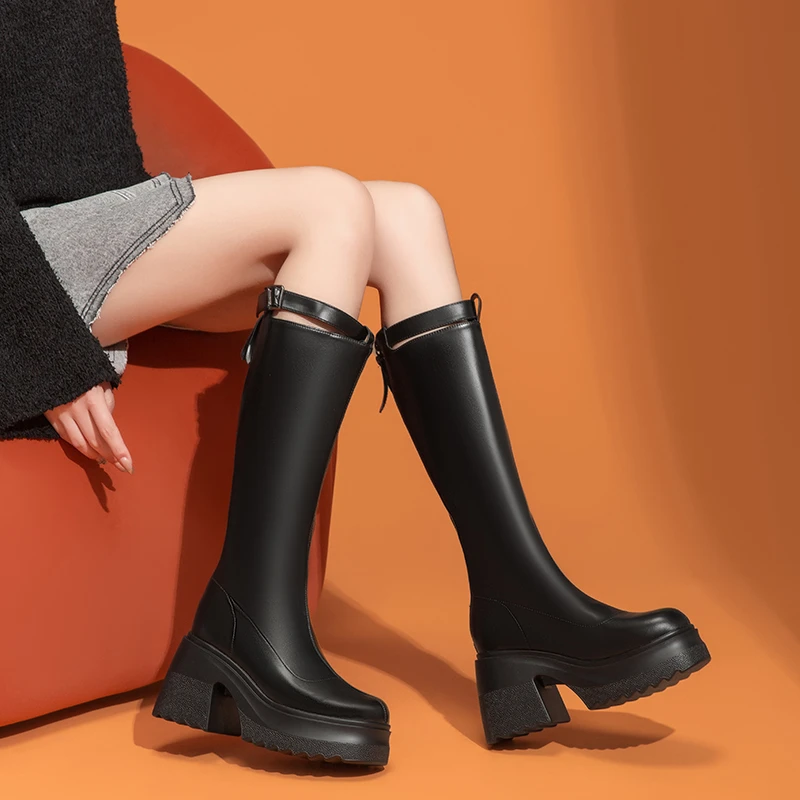 港MACKJASCHK12CM高跟长靴2024秋冬新款百搭粗跟增高筒靴骑士靴女