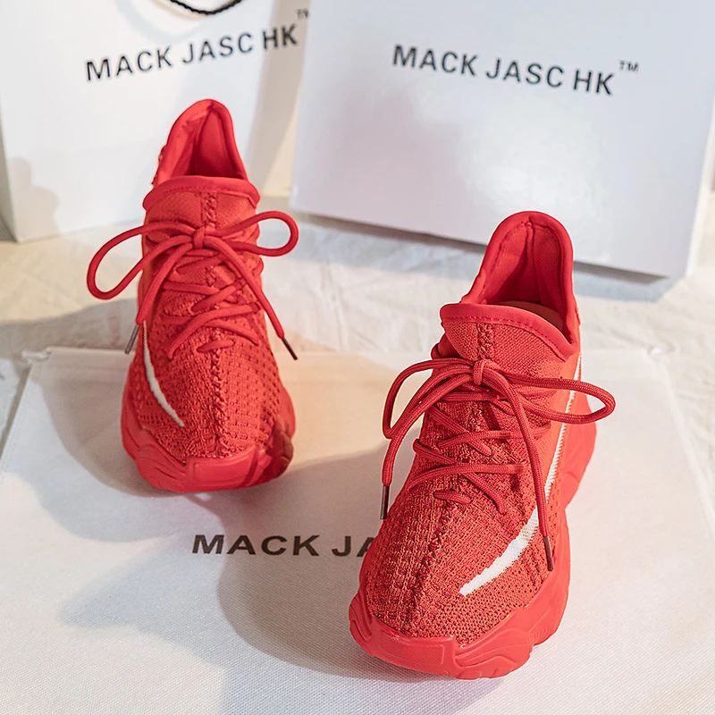 香港MACKJASCHK正品2024春夏新款透气飞织运动厚底内增高老爹鞋女