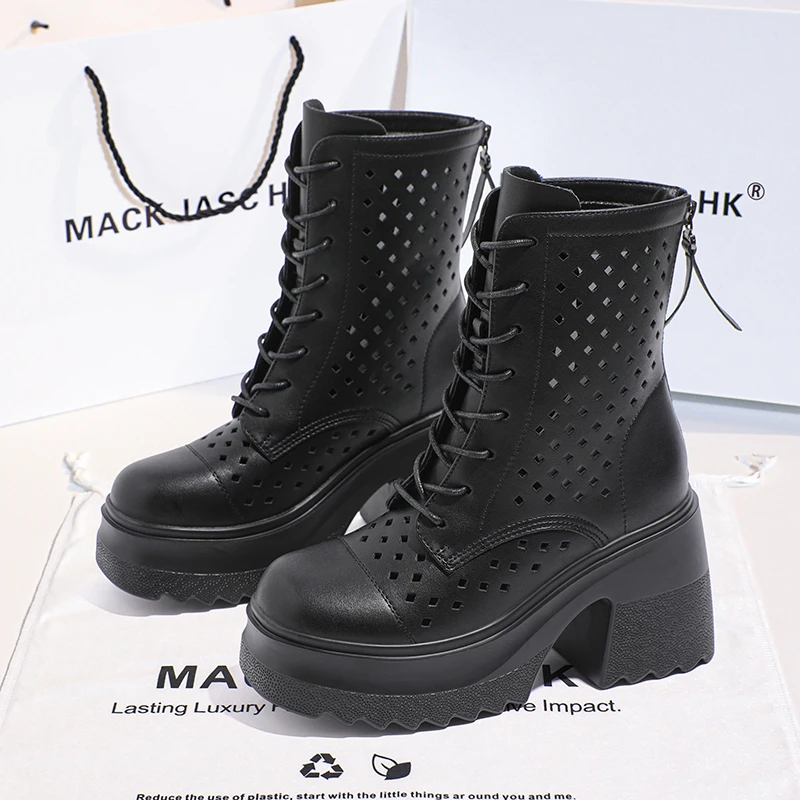 香港MACKJASCHK镂空透气马丁靴女2024夏季新款厚底内增高12CM短靴