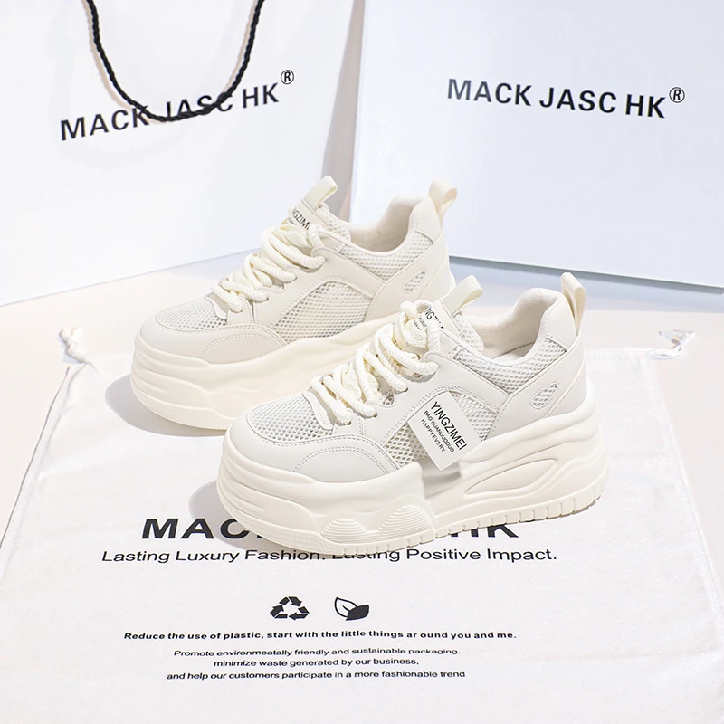香港MACKJASCHK厚底内增高小白鞋女2024夏季新款镂空透气运动板鞋