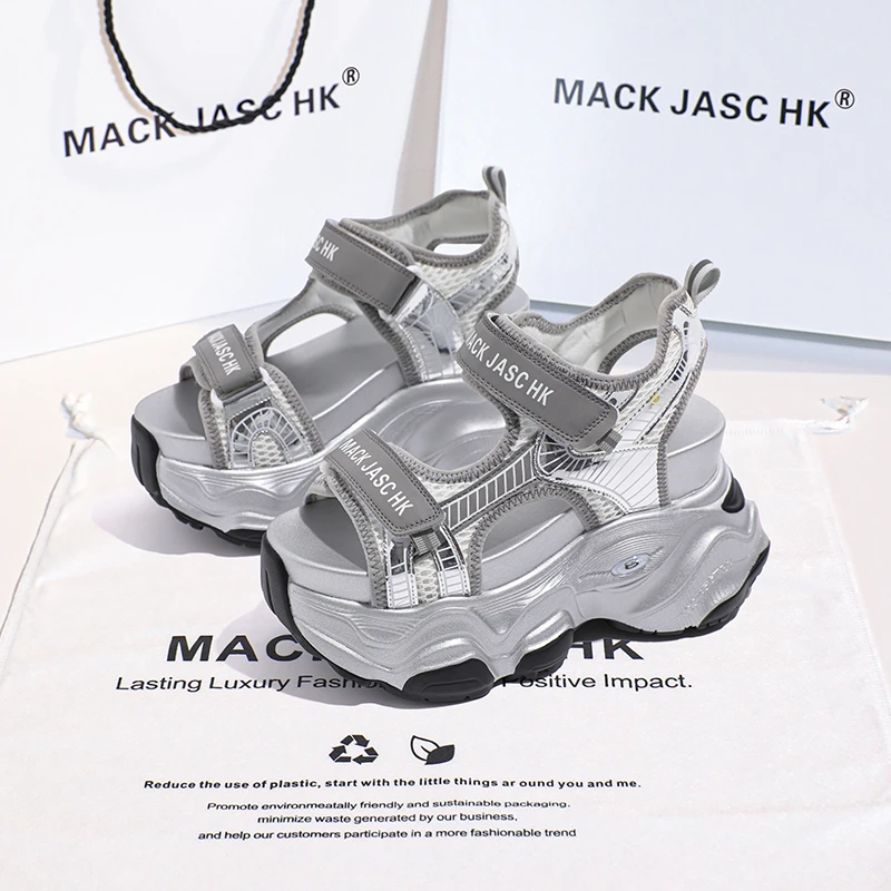 香港MACKJASCHK银色厚底透气魔术贴2024夏季新款超高跟运动凉鞋女