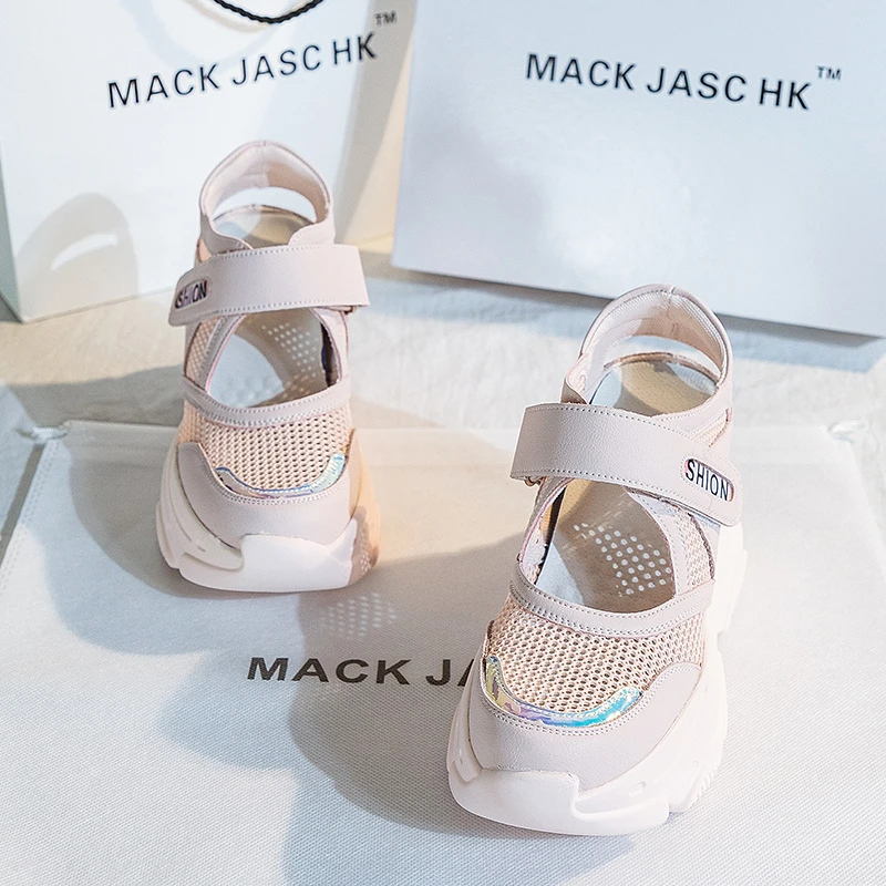 香港MACKJASCHK真皮半拖鞋2024夏季新款镂空内增高包头懒人凉拖女