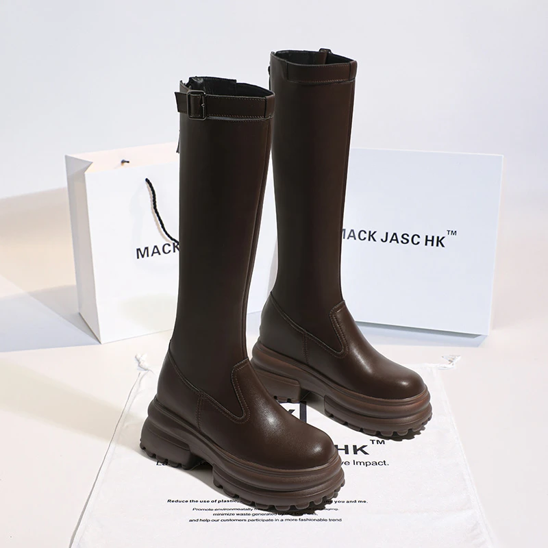 香港MACKJASCHK马丁靴2024秋季新款厚底不过膝骑士内增高筒长靴女