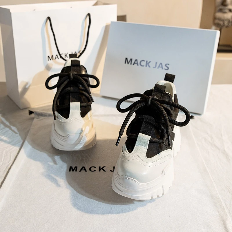 香港MACKJASCHK真皮鞋子2024春秋百搭运动休闲厚底内增高老爹鞋女