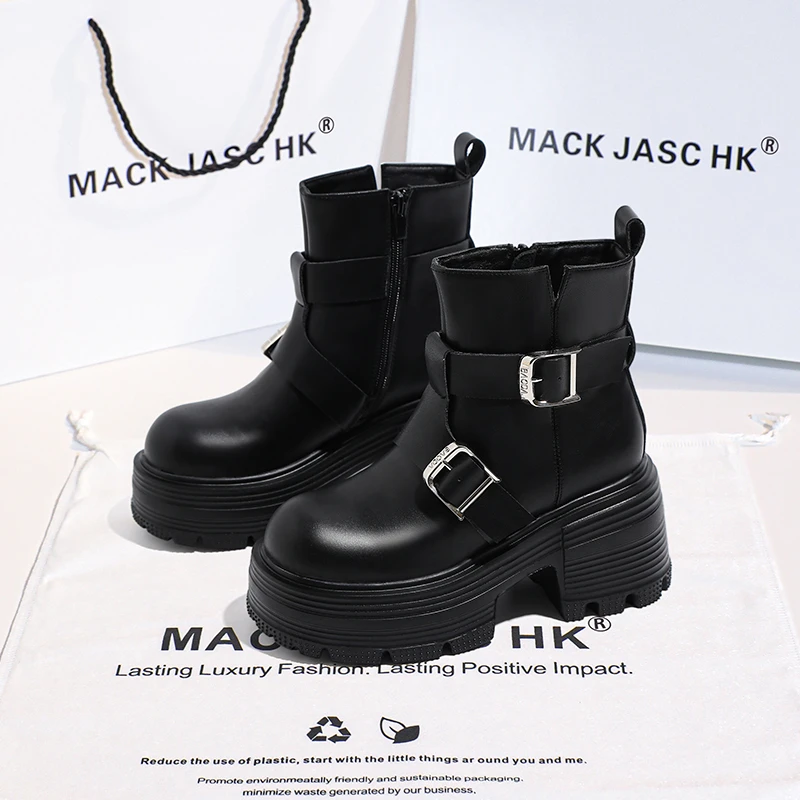 香港MACKJASCHK马丁靴女2024夏秋季新款厚底内增高11CM英伦风短靴
