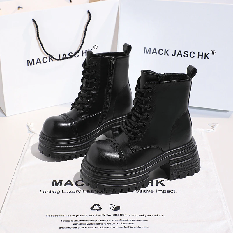 香港HK厚底马丁靴女2024冬季新款内增高11CM加绒保暖时尚休闲短靴
