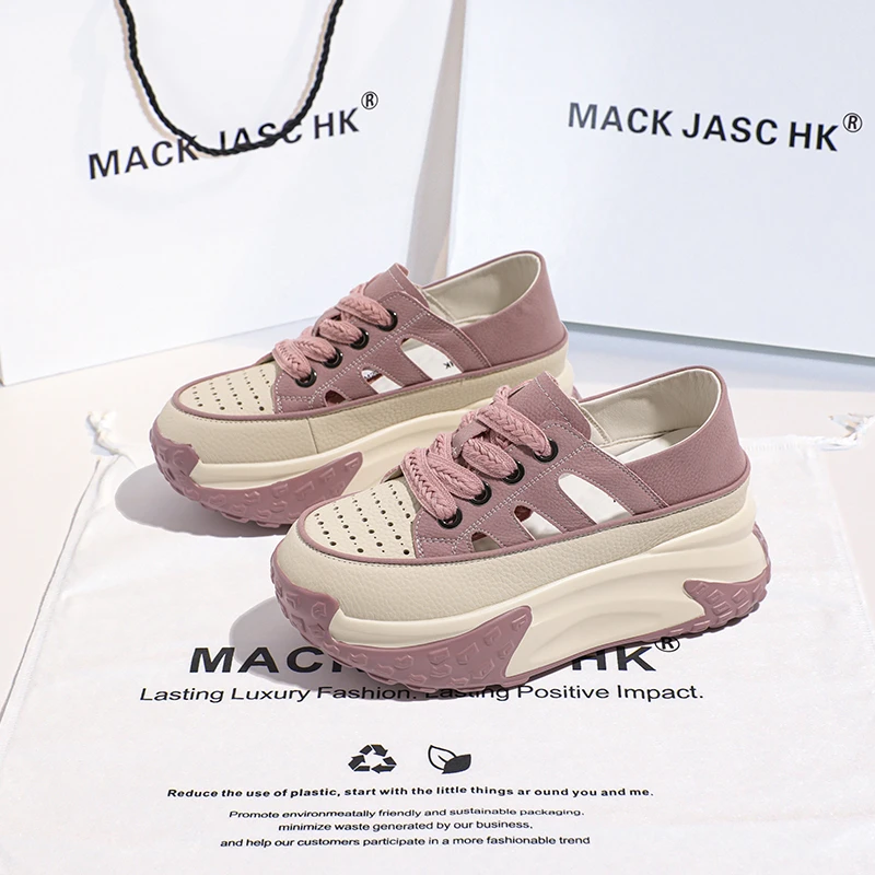 香港MACKJASCHK镂空凉鞋女2024夏新款松糕厚底增高7CM时尚休闲鞋
