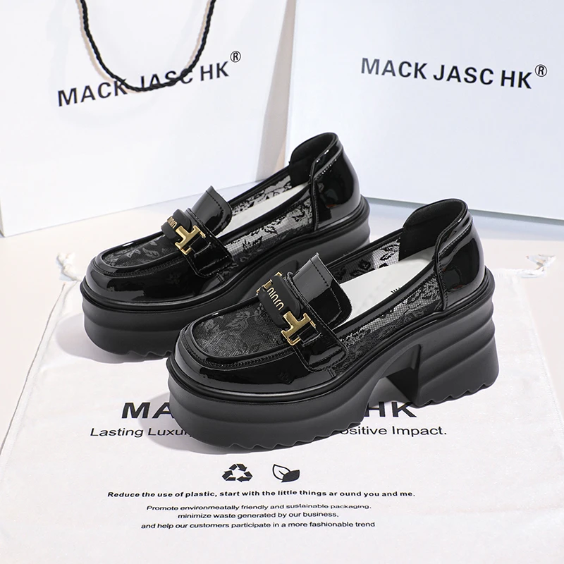 香港MACKJASCHK增高小个子乐福鞋女2024夏季新款蕾丝透气网纱单鞋