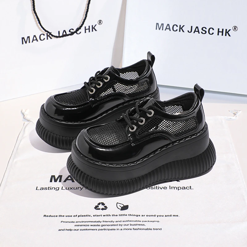 香港MACKJASCHK厚底内增高镂空透气乐福鞋女2024夏季新款松糕单鞋