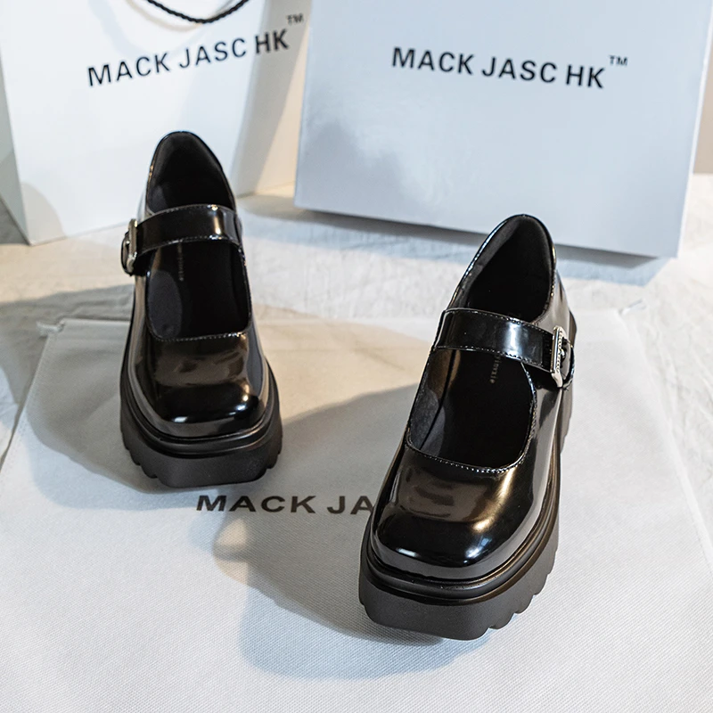 香港MACKJASCHK正品真皮2024春夏新款粗跟高跟厚底英伦风小皮鞋女