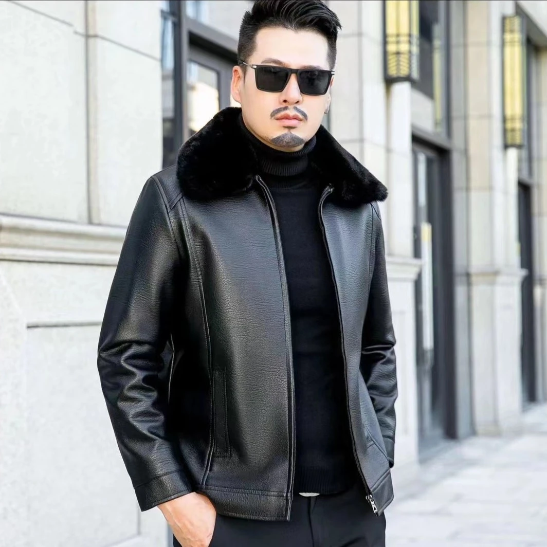025-2023大毛领皮衣男士加绒保暖外套时尚休闲皮衣