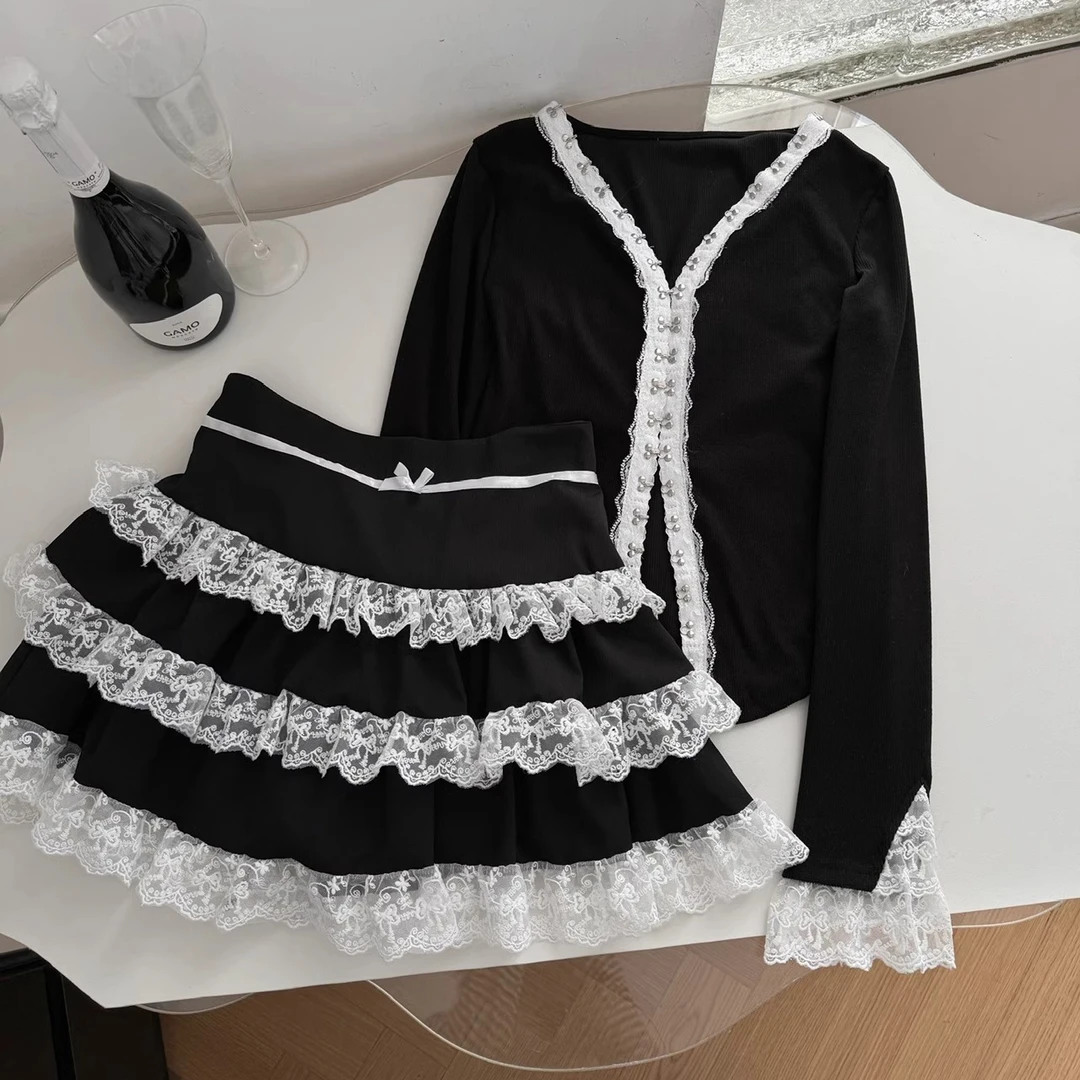 法式纯欲风蕾丝显瘦设计感拼接上衣蛋糕半身裙学院小个子两件套装