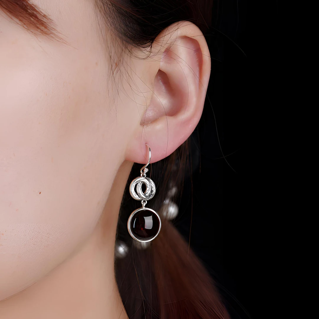 s925镶嵌血珀双环扣耳坠 简约女士小众时尚