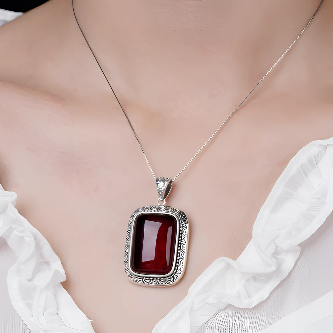 S925血珀复古做旧莲花纹无事牌吊坠国潮民族风挂坠