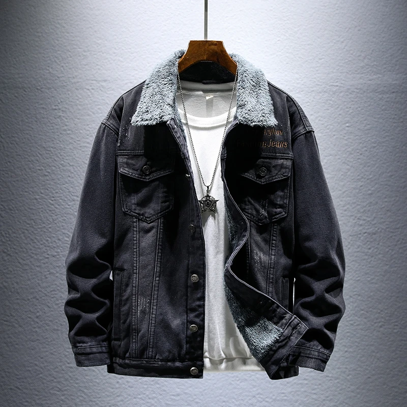 【千木恒】男士冬季加绒加厚微阔潮流型男牛仔上衣百搭帅气刺绣外套