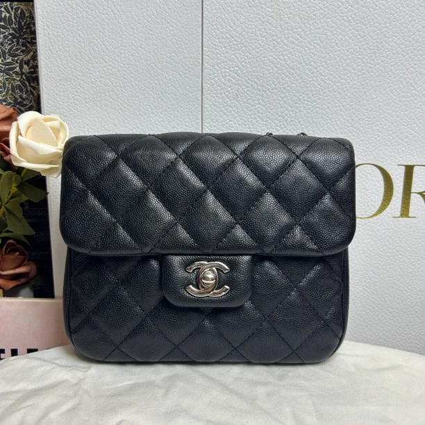 99新 Chanel/香奈儿 孟买系列黑银荔枝纹方胖子单肩斜挎包