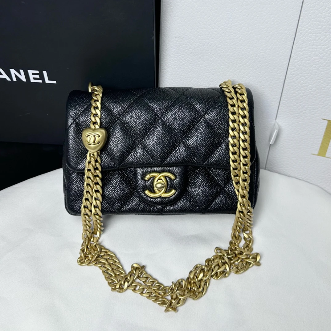 99新 Chanel/香奈儿 23p黑金爱心调节扣方胖子经典小香风斜挎包