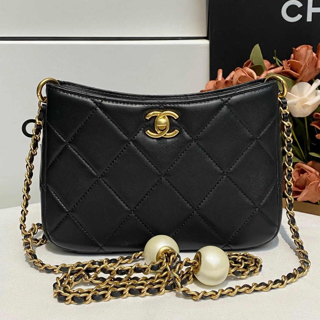 99新 Chanel/香奈儿 24S黑金双珍珠汤圆调节扣hobo经典气质百搭