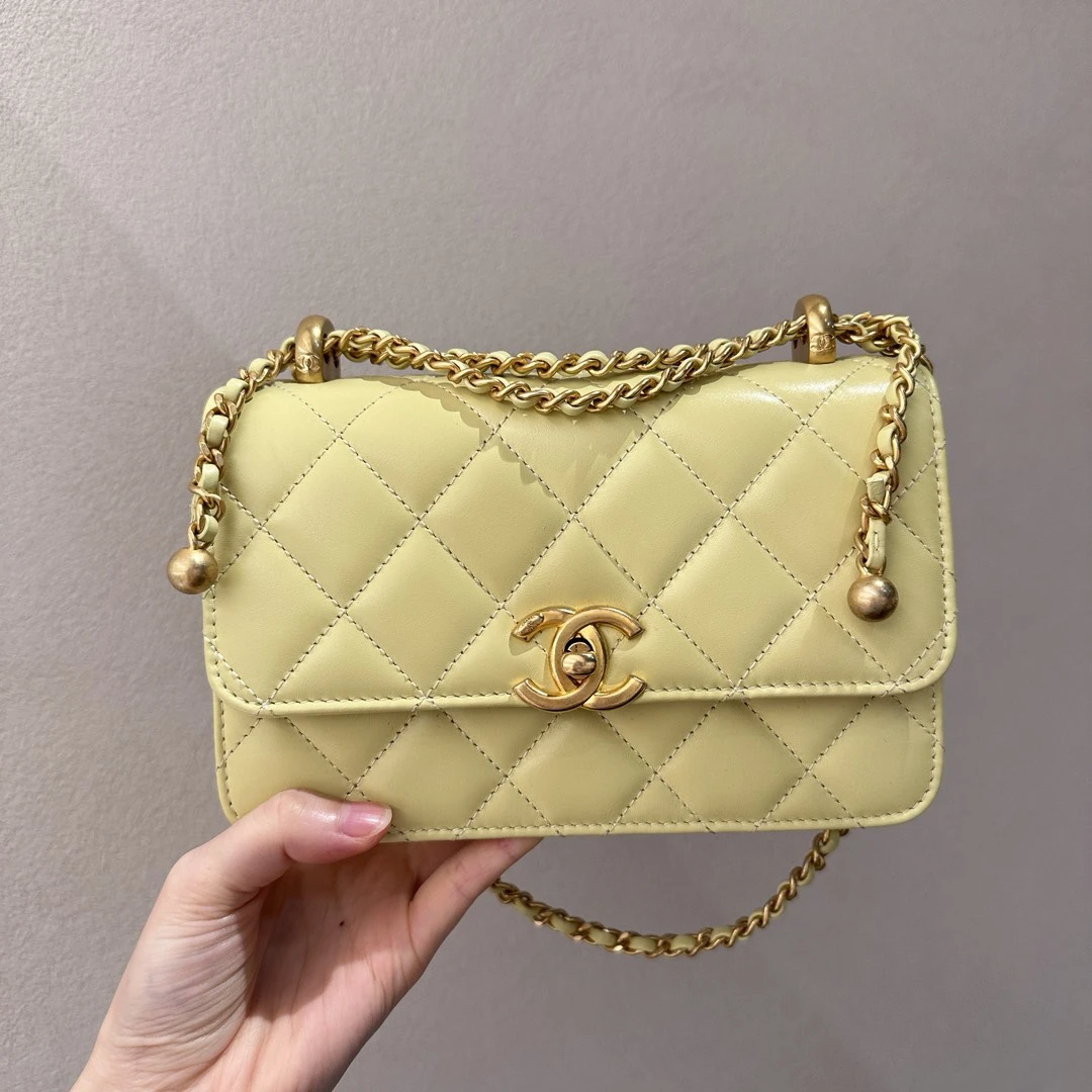 99新 Chanel/香奈儿 24C黄色金扣双金珠单肩包斜挎包