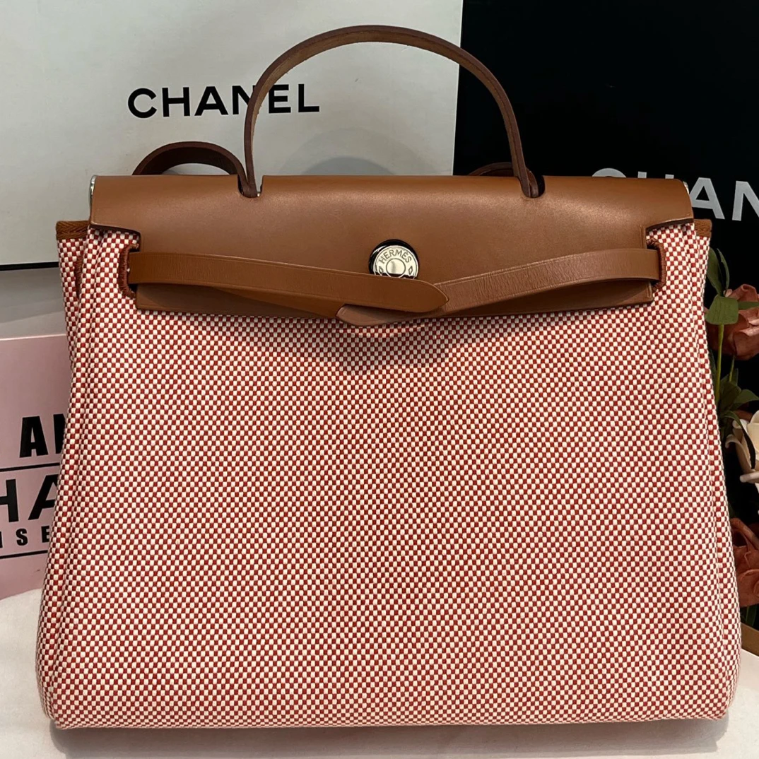 99新 Hermes/爱马仕 金棕编织银扣herbag31经典手提斜挎包百搭