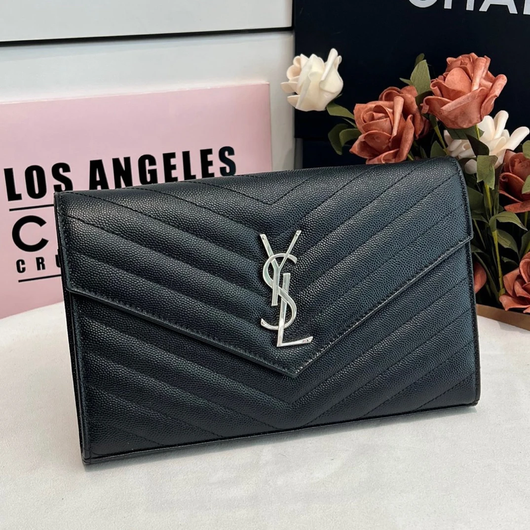 99新 YSL/圣罗兰 黑色金扣V纹信封包中号翻盖包单肩包斜挎包