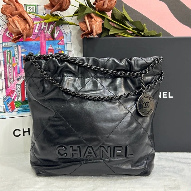 99新 Chanel/香奈儿 24p全黑22bag mini时尚垃圾袋经典单肩斜挎包