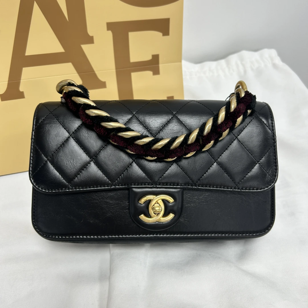 99新 Chanel/香奈儿 黑金毛绒穿手柄大都会风琴包
