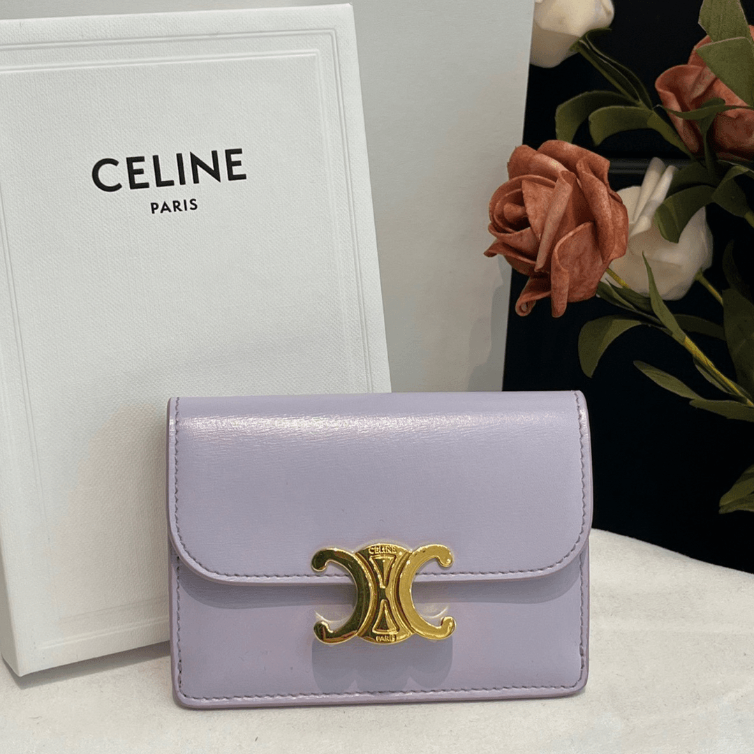 99新 Celine/思琳 凯旋门浅紫色小卡包卡夹金扣