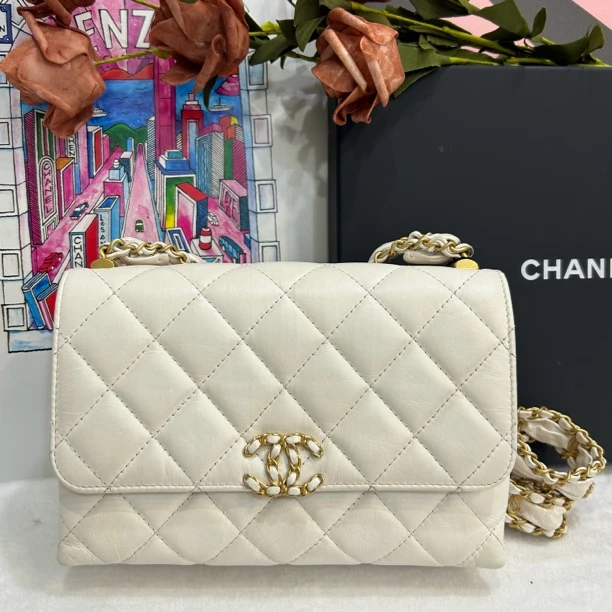 99新 Chanel/香奈儿 23K白金皱纹牛皮编织链条豆腐包