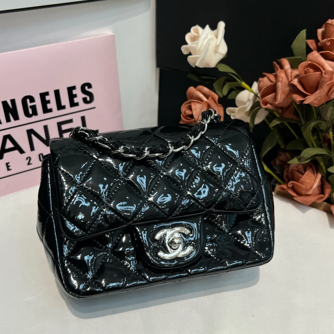 99新 Chanel/香奈儿 黑银漆皮方胖子  时尚百搭经典斜挎包单肩包